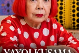 Yayoi Kusama portrait with her signature polka-dot art, yellow pumpkin and infinity mirror room