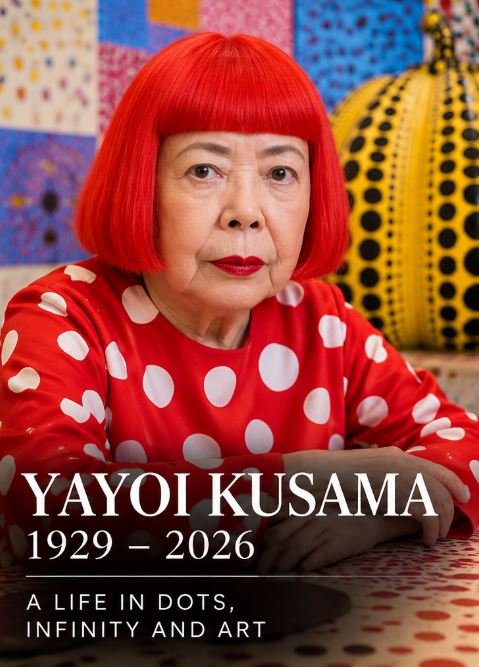 Yayoi Kusama portrait with her signature polka-dot art, yellow pumpkin and infinity mirror room
