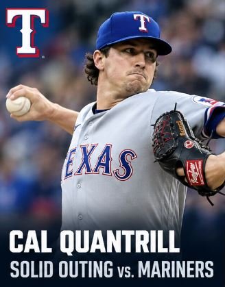 Cal Quantrill of the Texas Rangers pitching during the game against the Seattle Mariners, wearing a gray Rangers uniform and blue cap.